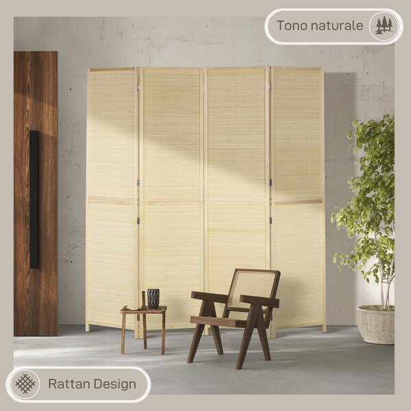 HOMCOM Paravento per Interno Pieghevole a 4 Ante, Divisorio in Bambù di Rattan, 180x1.6x180 cm|Aosom
