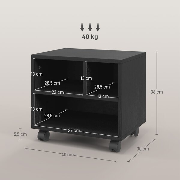 HOMCOM Mobile Porta Stampante a 2 Livelli con 3 Scomparti e Ruote per Ufficio e Studio, 40x30x36cm, Nero|Aosom