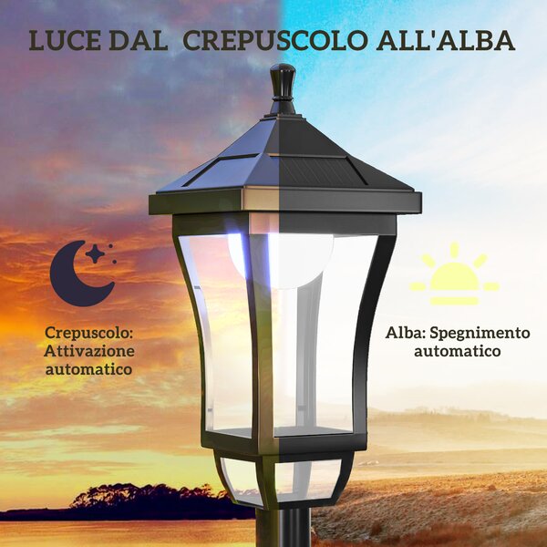 Outsunny Lampione da Giardino con 6h Autonomia e Ancoraggio a Terra, in ABS e Policarbonato, 15x15x127 cm, Nero|Aosom
