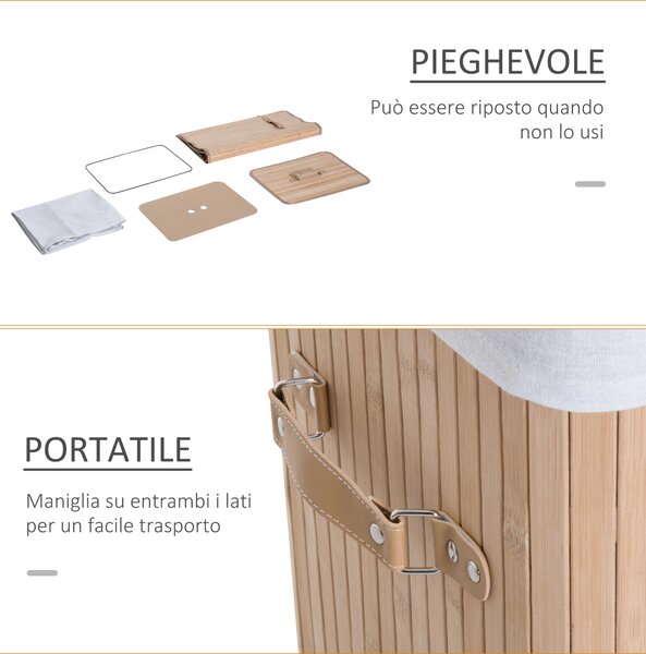 HOMCOM Cesto Portabiancheria in Bambù con Coperchio, Cestino per Biancheria con Sacco in Tessuto Rimovibile, 40x30x60cm, Naturale