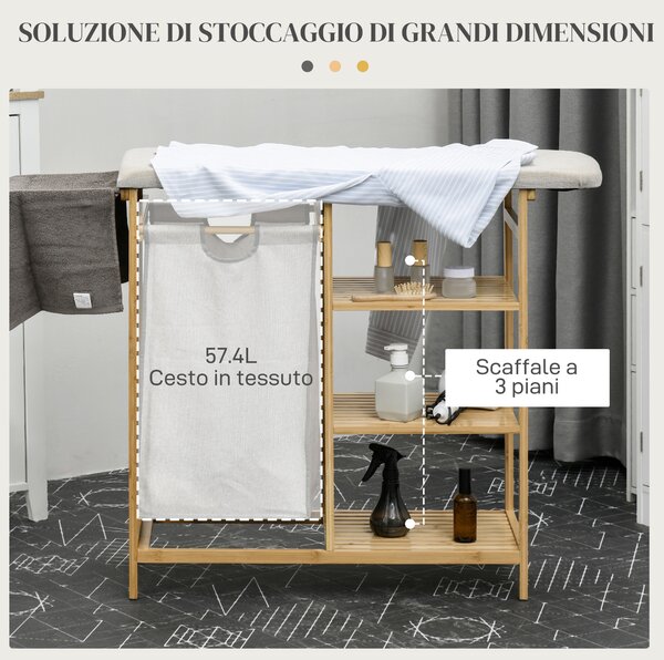 HOMCOM Cestino Portabiancheria in Bambù e Poliestere con Asse da Stiro e Ripiano a 3 Livelli, 113x34x82 cm