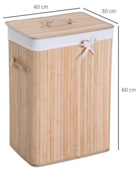 HOMCOM Cesto Portabiancheria in Bambù con Coperchio, Cestino per Biancheria con Sacco in Tessuto Rimovibile, 40x30x60cm, Naturale