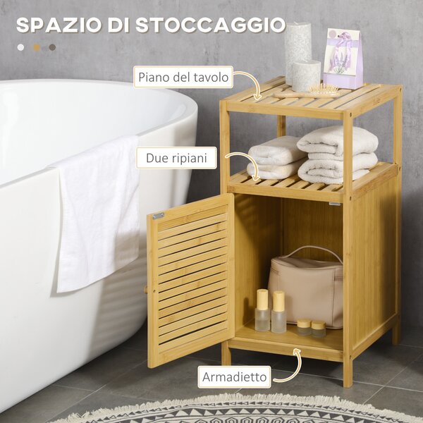 Kleankin Mobiletto Bagno in Bambù a Doghe con Armadietto a un'Anta, 33x36.5x67cm, Colore Legno Naturale