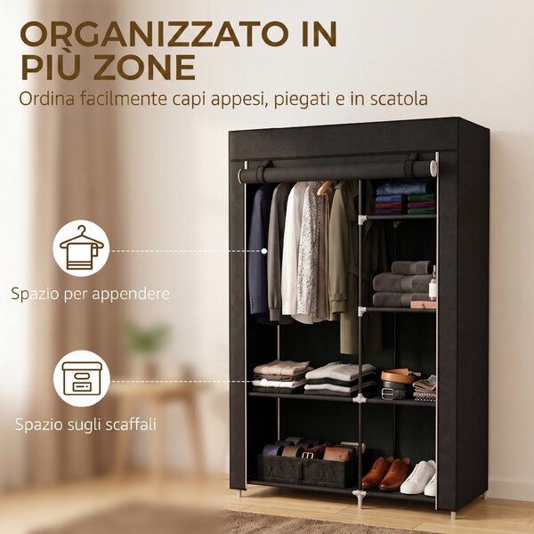 HOMCOM Armadio Guardaroba Portatile in Tessuto con 6 Ripiani Aperti e un Appendino, 103x43x162.5 cm, Nero