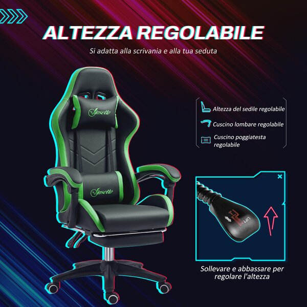 Vinsetto Sedia da Gaming con Altezza Regolabile e Schienale Reclinabile, 65x65x121-129 cm, Nero e Verde