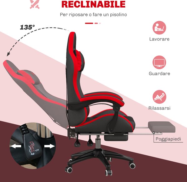 Vinsetto Sedia da Gaming con Altezza Regolabile e Schienale Reclinabile, 65x65x121-129 cm, Nero e Rosso