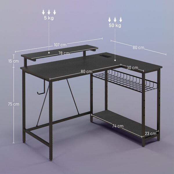 HOMCOM Scrivania Angolare Reversibile con LED, Prese di Corrente e Prese USB, Ripiani e Supporto Monitor, Nero