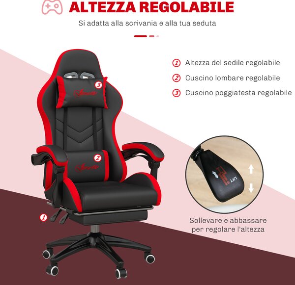 Vinsetto Sedia da Gaming con Altezza Regolabile e Schienale Reclinabile, 65x65x121-129 cm, Nero e Rosso
