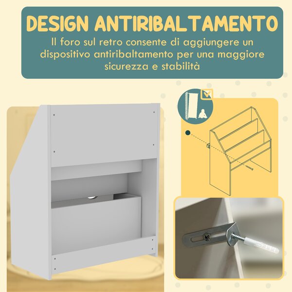 AIYAPLAY Libreria per Bambini 3-8 Anni a 3 Ripiani con Cassetto Inferiore, in MDF, 62.5x30x70 cm, Bianco
