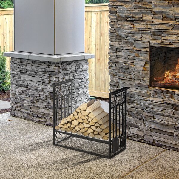 HOMCOM Portalegna Rialzato per Camino in Acciaio Antiruggine, per Interni ed Esterni, 4 Attrezzi Inclusi, 75x30x60cm|Aosom