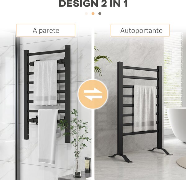 HOMCOM Scaldasalviette Elettrico da Terra o Parete 150W con 8 Barre e Timer 2-4 Ore, 53x35x90 cm, Nero