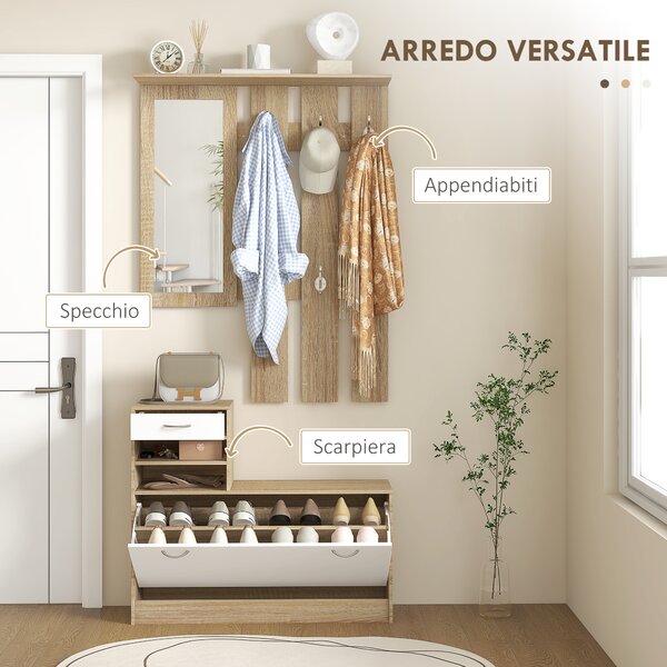HOMCOM Mobile Appendiabiti 3 in 1 con Scarpiera e Specchio, Ganci e Cassetti, in Legno, 90x24x177 cm, Bianco e Quercia