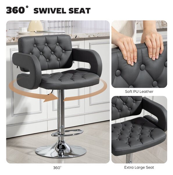 HOMCOM Sgabello da Bar Regolabile, Seduta Extra Large Girevole in Similpelle PU, Grigio | Aosom Italy