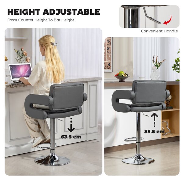 HOMCOM Sgabello da Bar Regolabile, Seduta Extra Large Girevole in Similpelle PU, Grigio | Aosom Italy