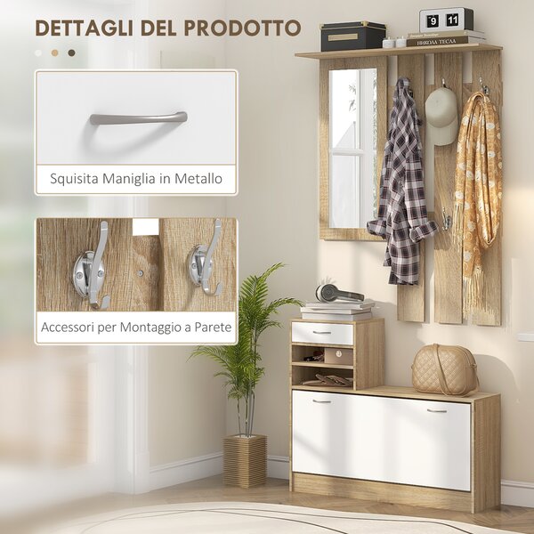HOMCOM Mobile Appendiabiti 3 in 1 con Scarpiera e Specchio, Ganci e Cassetti, in Legno, 90x24x177 cm, Bianco e Quercia