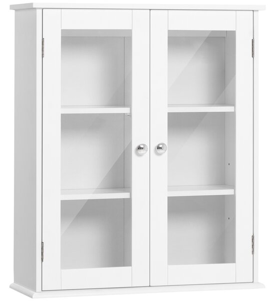 Kleankin Armadietto Pensile Bagno a 2 Ante in Legno e Vetro con Ripiano Regolabile, 55x20x65 cm, Bianco