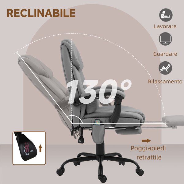 Vinsetto Poltrona Massaggiante e Reclinabile con Poggiapiedi, in Finta Pelle e Acciaio, 66x75x112-122 cm, Grigio