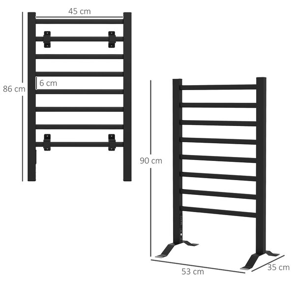 HOMCOM Scaldasalviette Elettrico da Terra o Parete 150W con 8 Barre e Timer 2-4 Ore, 53x35x90 cm, Nero