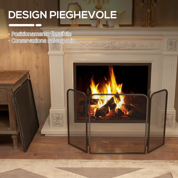 HOMCOM Parascintille Camino Pieghevole a 3 Pannelli in Metallo, 96x1.3x56 cm, Nero
