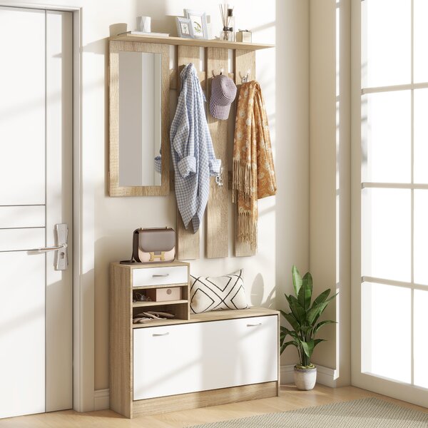 HOMCOM Mobile Appendiabiti 3 in 1 con Scarpiera e Specchio, Ganci e Cassetti, in Legno, 90x24x177 cm, Bianco e Quercia