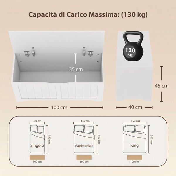 HOMCOM Panca Contenitore con Coperchio Sollevabile 100 cm Bianca | Aosom Italy