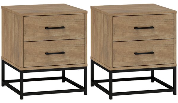 HOMCOM Set di 2 Comodini gambe in acciaio con 2 Cassetti Stile Industriale, in Legno, Colore Legno| Aosom Italy