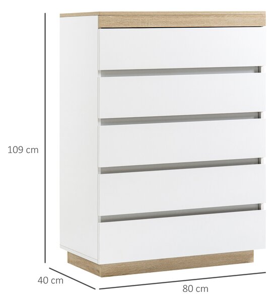HOMCOM Cassettiera Legno 5 Cassetti Minimal con guida in metallo, per camere, soggiorni e corridoi, 80x40x109 cm, Bianco e color Rovere| Aosom Italy