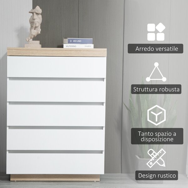 HOMCOM Cassettiera Legno 5 Cassetti Minimal con guida in metallo, per camere, soggiorni e corridoi, 80x40x109 cm, Bianco e color Rovere| Aosom Italy