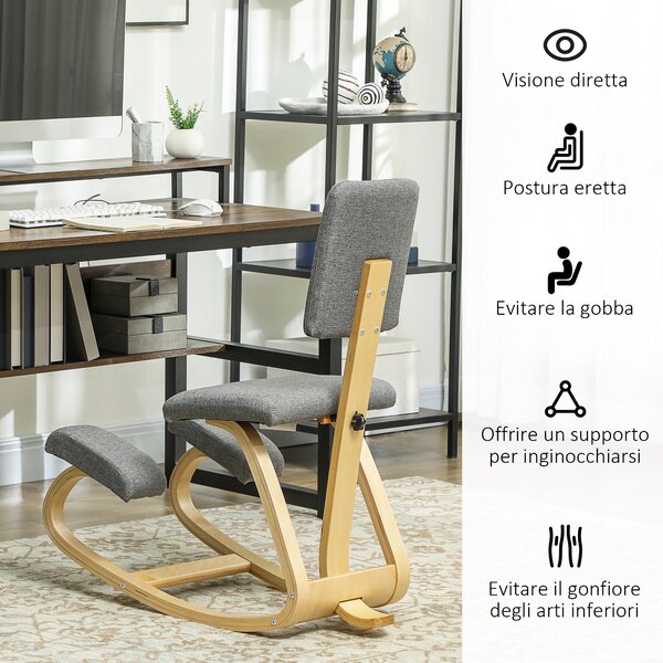 HOMCOM Sedia Inginocchiatoio con Movimento a Dondolo, in Tessuto Effetto Lino e Legno di Betulla, 51x84x93 cm, Grigio