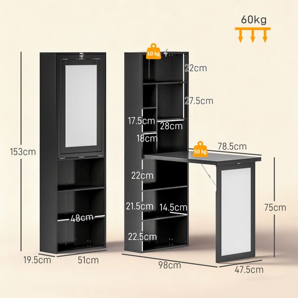 HOMCOM Scrivania Moderna Pieghevole con Libreria e Lavagna, in Legno e Metallo, 98x51x153 cm, Nero | Aosom Italy