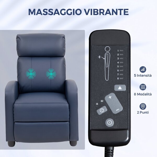 HOMCOM Poltrona Massaggiante Reclinabile Manuale in Pelle PU con Telecomando, 2 Punti di Massaggio e Poggiapiedi, Blu Scuro | Aosom Italy