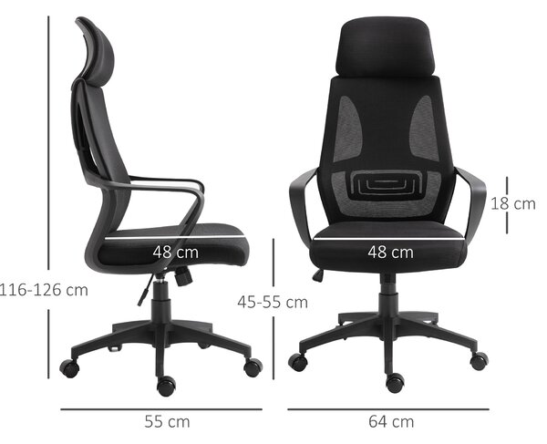 Vinsetto Sedia da Ufficio Reclinabile con Poggiatesta e Supporto Lombare, in Poliestere, 64x55x116-126 cm, Nero
