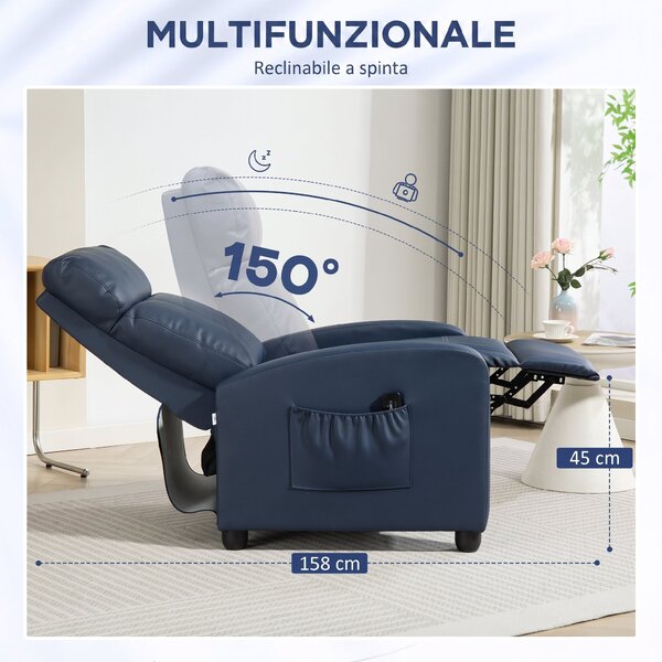 HOMCOM Poltrona Massaggiante Reclinabile Manuale in Pelle PU con Telecomando, 2 Punti di Massaggio e Poggiapiedi, Blu Scuro | Aosom Italy