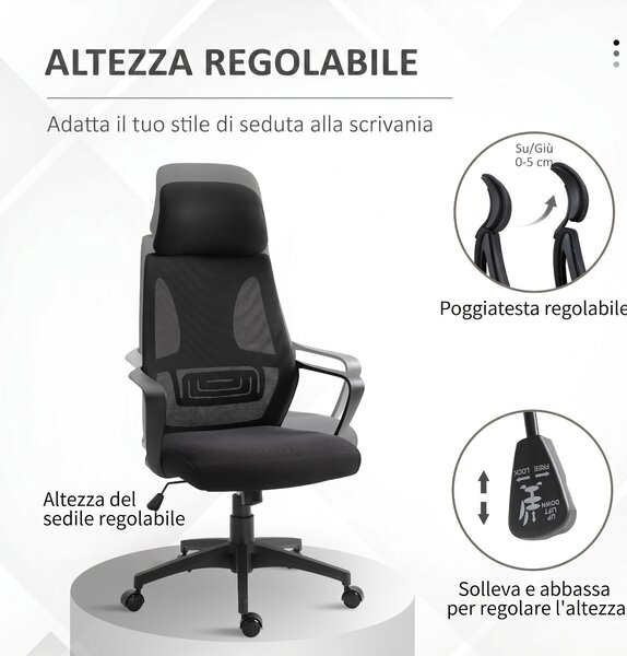 Vinsetto Sedia da Ufficio Reclinabile con Poggiatesta e Supporto Lombare, in Poliestere, 64x55x116-126 cm, Nero