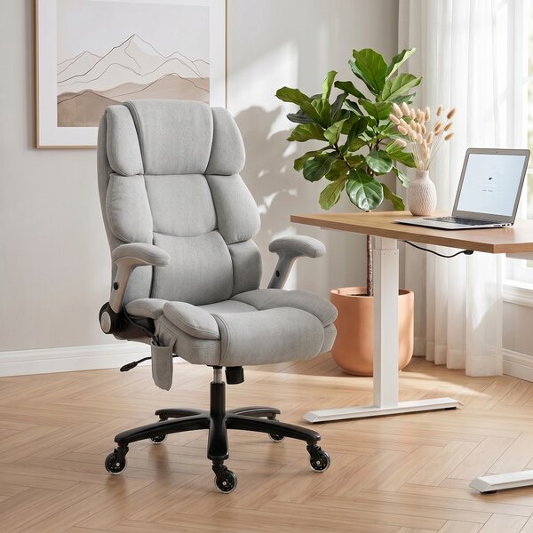HOMCOM Sedia da Ufficio con Supporto Lombare ad airbag, Sedia da Scrivania con Braccioli Ribaltabili e Molle a Busta, 70x82x122 cm, Grigio chiaro | Aosom Italy