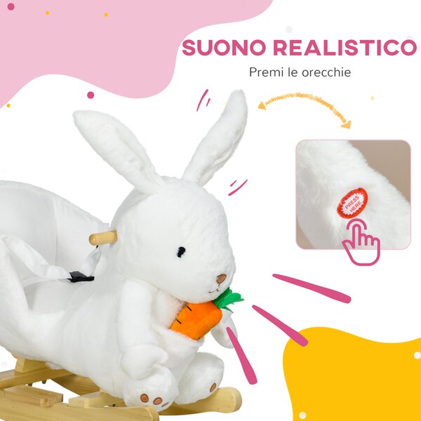 HOMCOM Animale a Dondolo a forma di Coniglio con Suoni e Cintura di Sicurezza, 60x33x50 cm, Bianco|Aosom