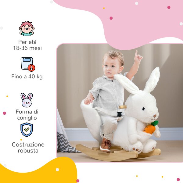 HOMCOM Animale a Dondolo a forma di Coniglio con Suoni e Cintura di Sicurezza, 60x33x50 cm, Bianco|Aosom
