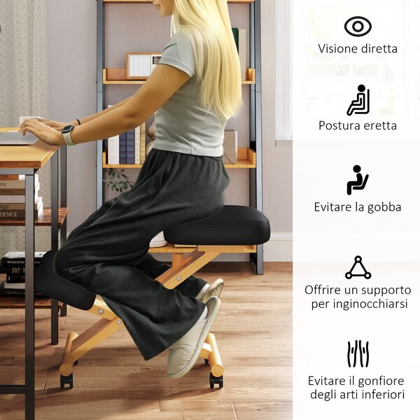 HOMCOM Sedia Ergonomica Posturale con Inginocchiatoio, Altezza Regolabile e Rotelle in Legno, Nero