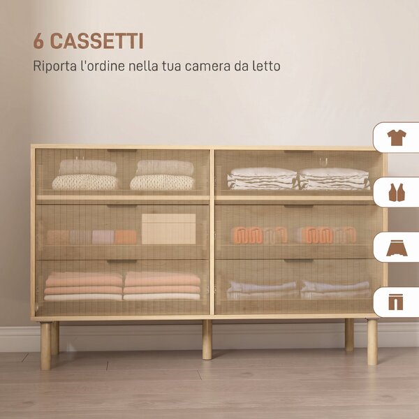 HOMCOM Cassettiera 6 Cassetti in Legno per Camera e Ingresso Stile Nordico, 120x39.5x75 cm, Rovere | Aosom Italy