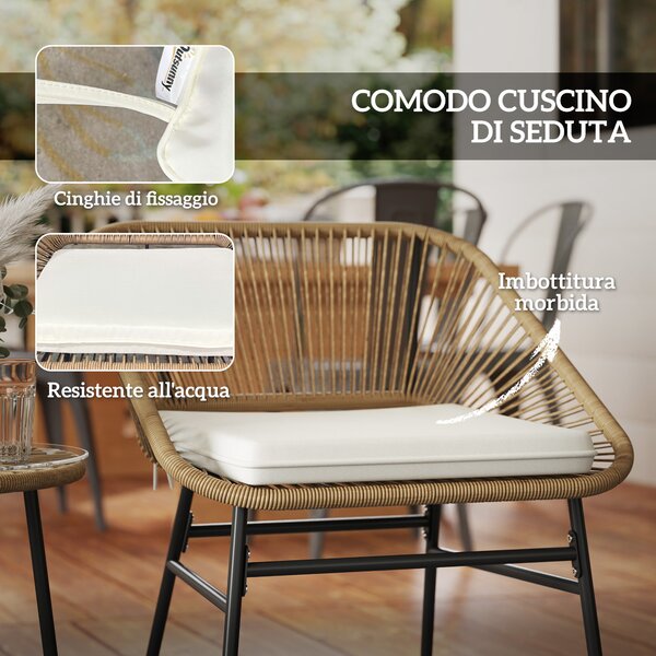 Outsunny Set da Giardino 3 Pezzi in Rattan PE e Acciaio con 2 Sedie con Cuscini e Tavolino Rotondo, Multicolore