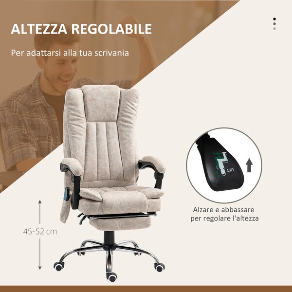 Vinsetto Poltrona da Ufficio Massaggiante Riscaldante, Altezza Regolabili, Sedie con Poggiapiedi Retrattile, 62x67x113-120cm, Crema | Aosom Italy
