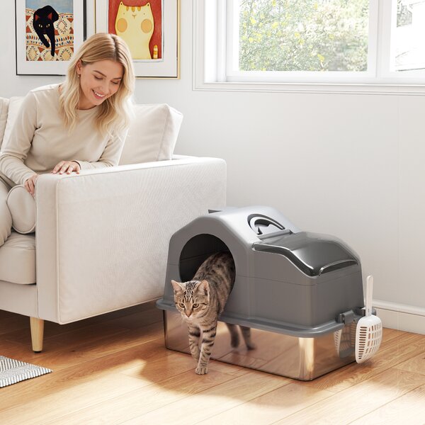 PawHut Lettiera Gatto Chiusa XL in Acciaio Inox con Coperchio, Paletta, Tappetino Raccogli-sabbia, Grigio Scuro | Aosom Italy