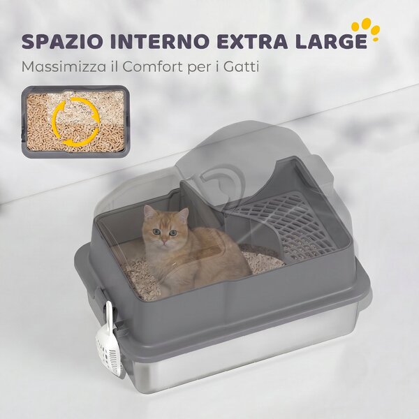 PawHut Lettiera Gatto Chiusa XL in Acciaio Inox con Coperchio, Paletta, Tappetino Raccogli-sabbia, Grigio Scuro | Aosom Italy