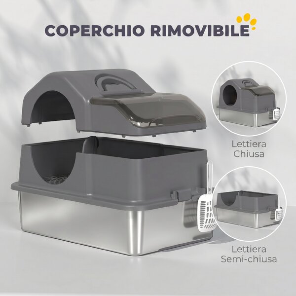 PawHut Lettiera Gatto Chiusa XL in Acciaio Inox con Coperchio, Paletta, Tappetino Raccogli-sabbia, Grigio Scuro | Aosom Italy