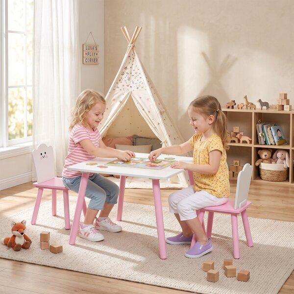 AIYAPLAY Set Tavolo e 2 Sedie per Bambini 3-6 Anni in Legno con Angoli Arrotondati, Tema Zucchero Filato, Rosa | Aosom Italy