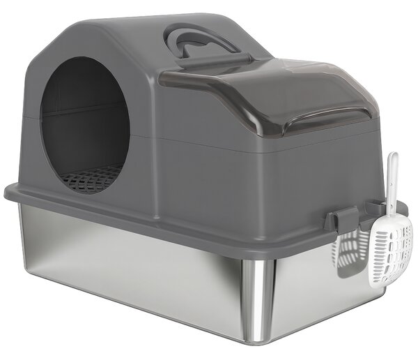 PawHut Lettiera Gatto Chiusa XL in Acciaio Inox con Coperchio, Paletta, Tappetino Raccogli-sabbia, Grigio Scuro | Aosom Italy