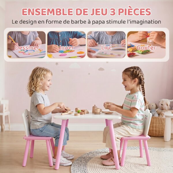 AIYAPLAY Set Tavolo e 2 Sedie per Bambini 3-6 Anni in Legno con Angoli Arrotondati, Tema Zucchero Filato, Rosa | Aosom Italy