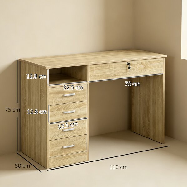 HOMCOM Scrivania per Camera o Ufficio in Legno con 2 Cassetti e 2 Chiavi, 110x50x76cm, Bianco | Aosom Italy