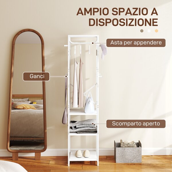 HOMCOM Appendiabiti da Terra con Asta e 2 Ripiani Aperti, in Legno e Acciaio, 38.5x30x170 cm, Bianco e color Legno
