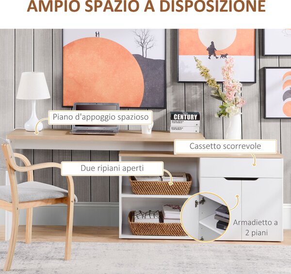 HOMCOM Scrivania Angolare con Libreria a 2 Ripiani, Armadietto e Cassetto, 140x117x76 cm, color Legno e Bianco